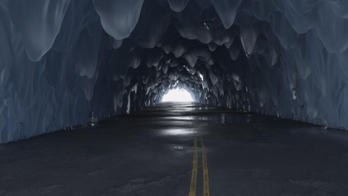 3d rendering of icy tunnel with light at the end of tunnel