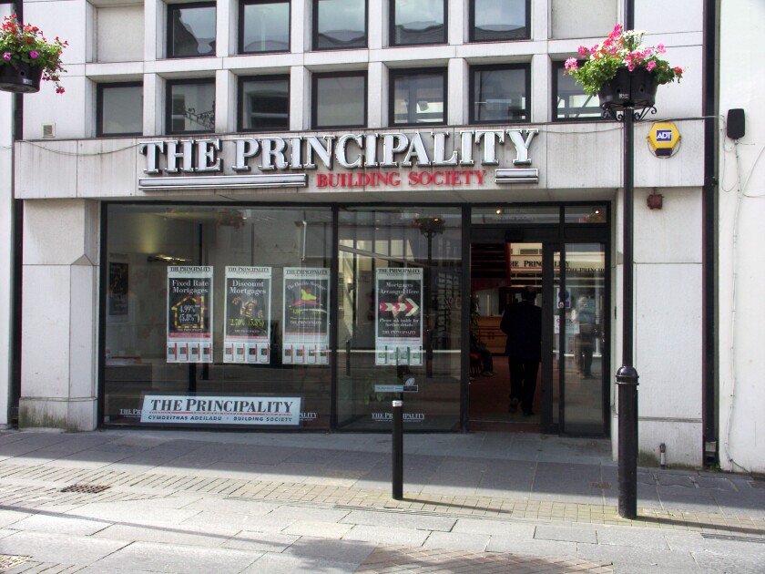 Mutual Principality Building Society shop front windows entrance to Banking and financial services premises in Bridgend Mid Glamorgan South Wales UK. Image shot 2002. Exact date unknown.