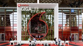 Hannover, Germany - June 13, 2018: Pavilion of the company vodafone at the outdoor area of CeBIT 2018. CeBIT is the world's largest trade fair