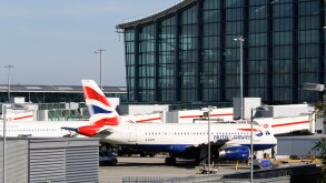 British Airways Airbus A320 in front of Terminal 5, London Heathrow Airport, UK.