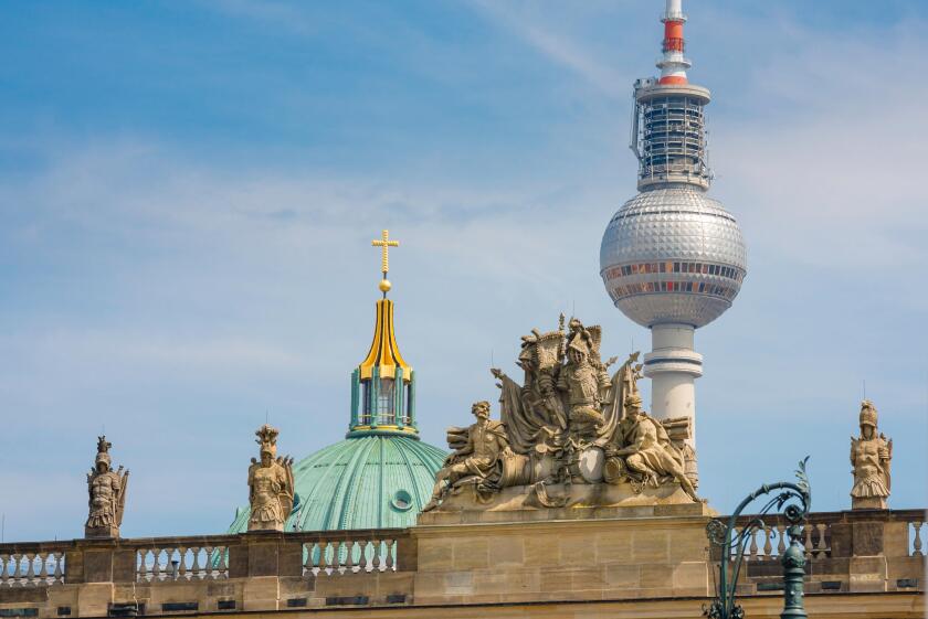 Berlin skyline, view of the contrasting architectural styles of the Zeughaus, the Berliner Dom and the Fernsehturm TV tower, Mitte, Berlin, Germany