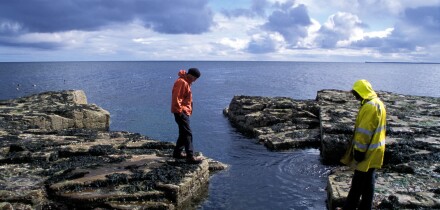 People Standing on Rocky Shore