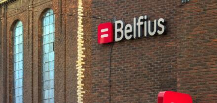 Belfius - external view of the banner logo on the bank building. Sint Truiden. Limburg - Belgium 25-11-2023