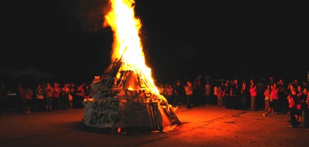 A bonfire at an autumn high school pep rally