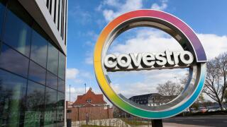 headquarters of the Covestro AG, producer of a variety of polyurethane and polycarbonate based raw materials, company logo, Chempark, Leverkusen, Nort