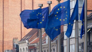 European Union flags in the wind with old buildings in the background. Brussels, Belgium