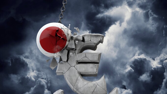 Japan flag ball smashing a European Euro currency symbol. 3D Render