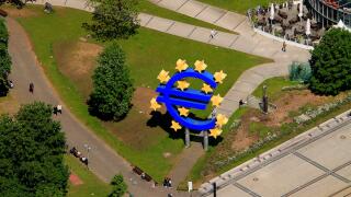 Aerial view, euro sign, European Central Bank, ECB, Frankfurt am Main, Hesse