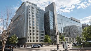 World Bank Headquarters Building, Washington, DC.  Bank's two stated goals are to end extreme poverty, and promote shared prosperity in a sustainable