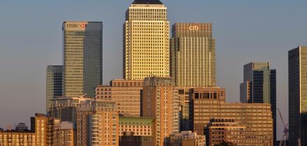 Canary Wharf, London, UK. HSBC, No.1 Canada Square, Citi and Credit Suisse office buildings all visible.