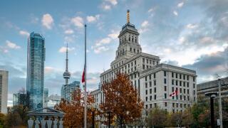 Buildings in Downtown Toronto with CN Tower and Autumn vegetation - Toronto, Ontario, Canada