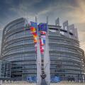 European flags in the wind, Louise-Weiss building, seat of the European Parliament in Strasbourg, France, Europe