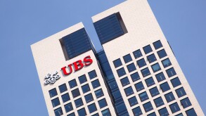 Exterior view with logo, German headquarters of UBS Bank in OpernTurm tower, Frankfurt am Main, Hesse, Germany, Europe