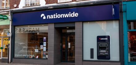 Nationwide bank branch in Bishops Stortford, Hertfordshire. Features the bank's signage and an ATM.