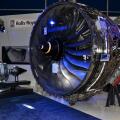 Rolls Royce Engines trade stand at the Farnborough International Airshow trade fair 2012, UK, with a Trent 1000 aero engine on display