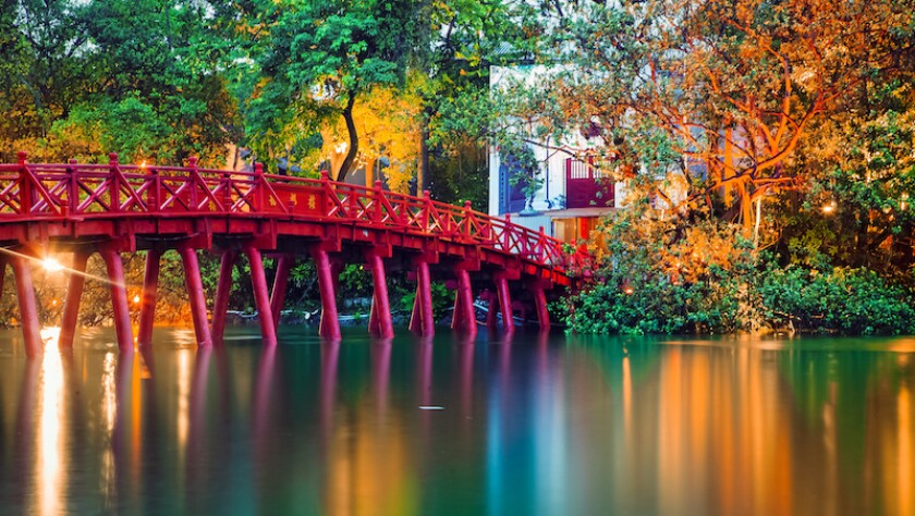 iconic red bridge in Hanoi, Vietnam