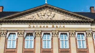 Copenhagen, Denmark - August 27, 2019: Facade of a classic building office of Danske Bank in Copenhagen, Denmark