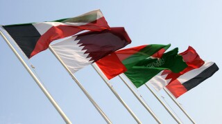 QAT, Qatar: the national flags of the 6 GCC member states.