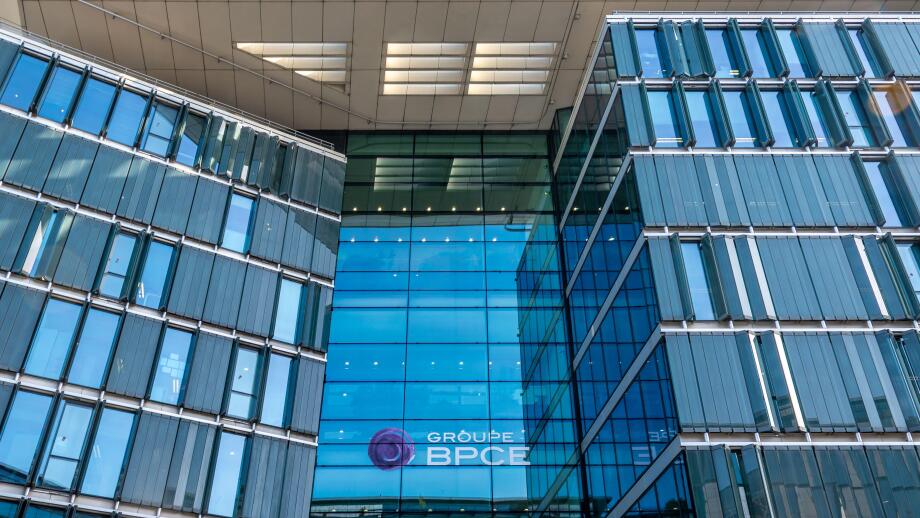 Facade of a building belonging to the French banking group BPCE, resulting from the merger of Banque Populaire and Caisse d'Epargne, Paris, France