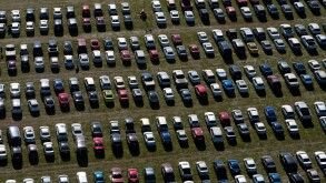 aerial photograph cars parked at AirVenture 2013, Experimental Aircraft Association, Oshkosh, Wisconsin