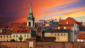 Sunset over old town of Torun, Poland.