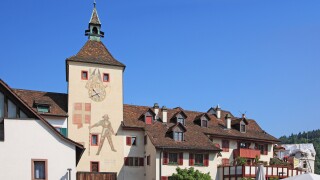 Travel, Geography, Architecture, Culture, History, Europe, Switzerland, Baselland, Liestal, Town, Tower, Gate, Facade, Day, Peop