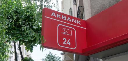Istanbul, Turkey - 27 May 2023: Logo and sign of Akbank, one of the largest banks in Turkey.