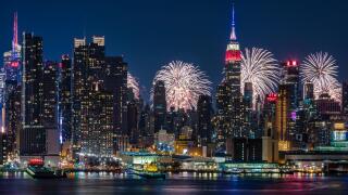 NYC 4th Of July Fireworks Celebration -  New York City skyline with the Macy's Spectacular 4th of July Fireworks Celebration Show as a backdrop to midtown Manhattan.