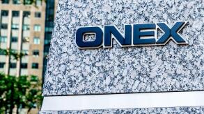 Sign of Onex Corporation outside their head office in downtown Toronto, Canada.