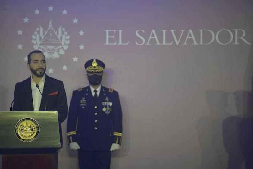 San Salvador, El Salvador. 19th May 2021. Salvadoran President Nayib Bukele speaks to police officers. President of El Salvador Nayib Bukele takes part in a graduation act for police officers. Credit: Camilo Freedman/Alamy Live News