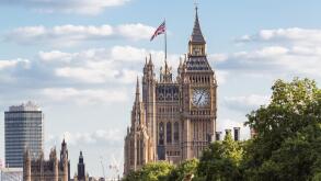 Big Ben - the clock tower on the Houses of Parliament against blue summer sky with copy space & no people, Westminster, London, England, UK