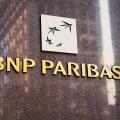 New York, NY - November 23, 2023:Bnp Paribas French multinational bank logo sign  on USA corporate headquarters office building polished marble wall r