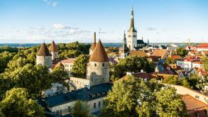 Tallinn, Estonia. Old town and city in summer. Baltic and nordic capital skyline in Europe. Historical castle and church. Downtown buildings.