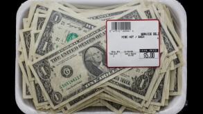 us dollars in a supermarket shrinkwrap package