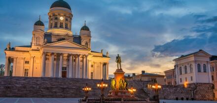Helsinki Finland, sunrise city skyline at Helsinki Cathedral and Senate Square