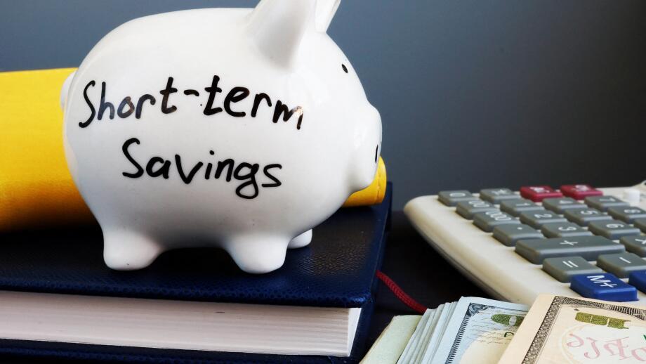 Short-term savings. Piggy bank, calculator and money.