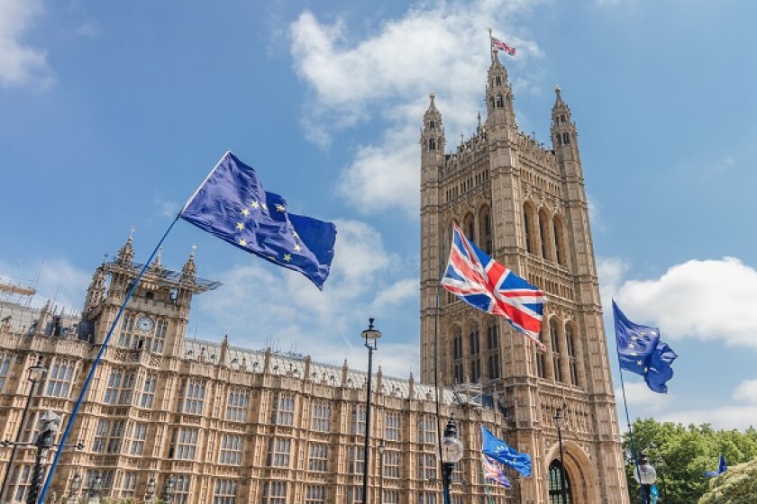 London / UK - June 26th 2019 - European Union and Union Jack fla