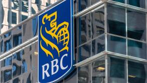 Business logo or sign of the Royal Bank of Canada (RBC) in a skyscraper by the city waterfront in Toronto, Canada