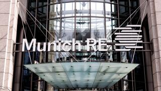 27 January 2025, Bavaria, Munich: The lettering and corporate logo of Munich RE can be seen above the entrance to the headquarters of Munchener Ruckversicherungs-Gesellschaft Aktiengesellschaft in Munich (Bavaria) on January 27, 2025. The company has been