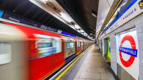 London, United Kingdom - March 17, 2023: A moving train at a London Underground station.