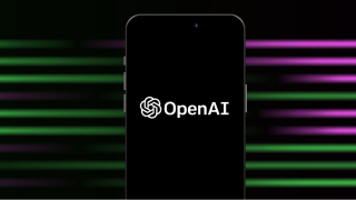 OpenAI's logo superimposed onto an iPhone in front of a stylized background featuring the launch colours of GPT-4