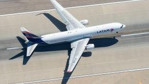 Aerial view of LATAM Airlines Boeing 767 CC-CXE departing LAX airport bound for Santiago (SCL), Chile. Widebody long haul aircraft seen from above.