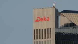 Top part of the Trianon skyscraper with the Deka Group logo in Frankfurt main, Germany