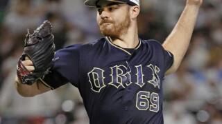 Jesse Biddle of the Orix Buffaloes pitches against the SoftBank Hawks in a Pacific League baseball game at PayPay Dome in Fukuoka, southwestern Japan, on Aug. 14, 2022. (Kyodo)==Kyodo Photo via Credit: Newscom/Alamy Live News