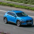 2019 Hyundai Kona Premium Blue Car Hatchback Petrol driving on the M6 motorway near Preston in Lancashire, UK