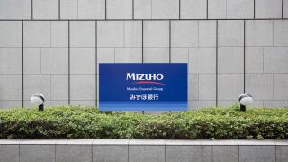 Mizuho Financial Group sign.Mizuho Bank is one of the biggest banks in Japan.