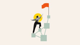 Collage of woman climbing symbolic blocks reaching for red flag