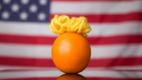 A satirical photo of an Orange made to look like US presidential candidate Donald Trump.