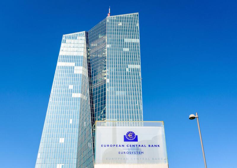 Low angle view of the sign of the European Central Bank at the entrance of the Skytower building in Frankfurt, Germany, seat of the ECB since 2015.