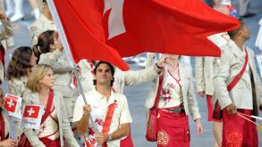 Swiss flag bearer Roger Federer during the Opening Ceremony of the Beijing 2008 Olympic Games at the National Stadium, known as Bird's Nest, Beijing, China, 08 August 2008. BERND THISSEN ###dpa###